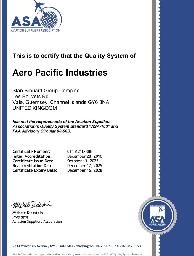 ASA-100 accreditation certificate for Aero Pacific Industries