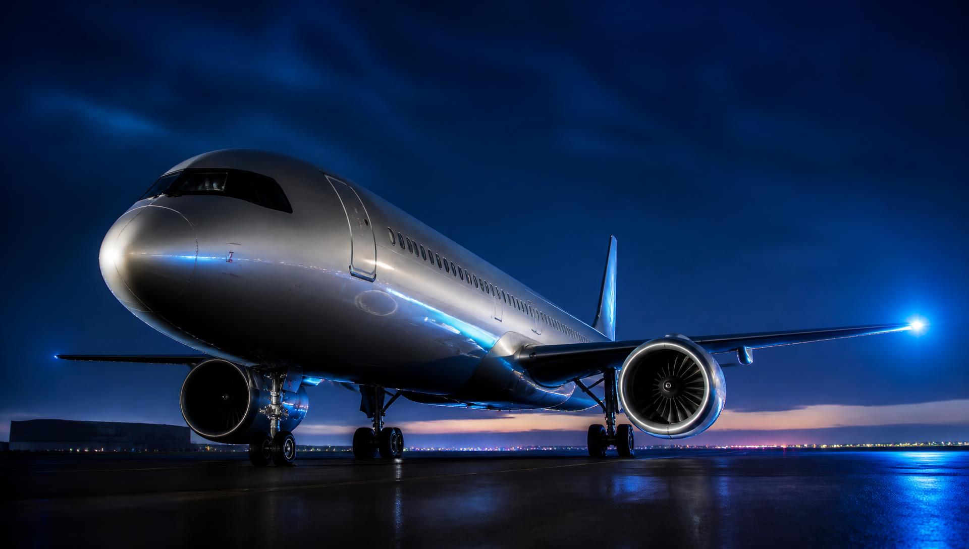 Commercial aircraft on a floodlit runway at blue hour