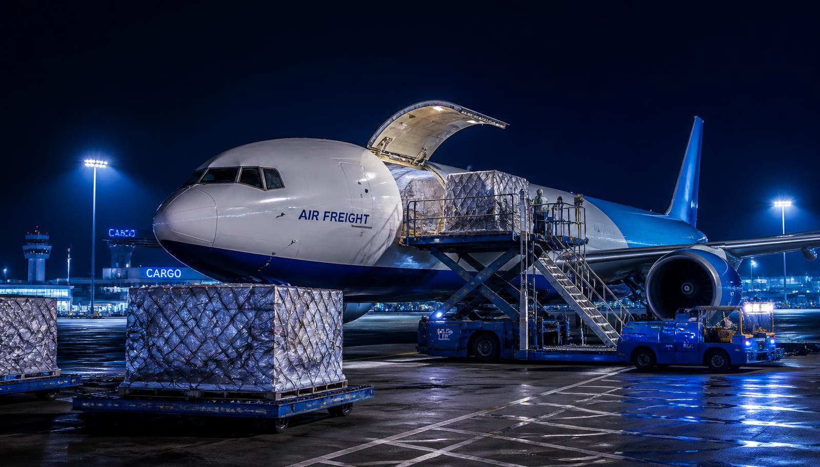 Air freighter being loaded with cargo pallets at night