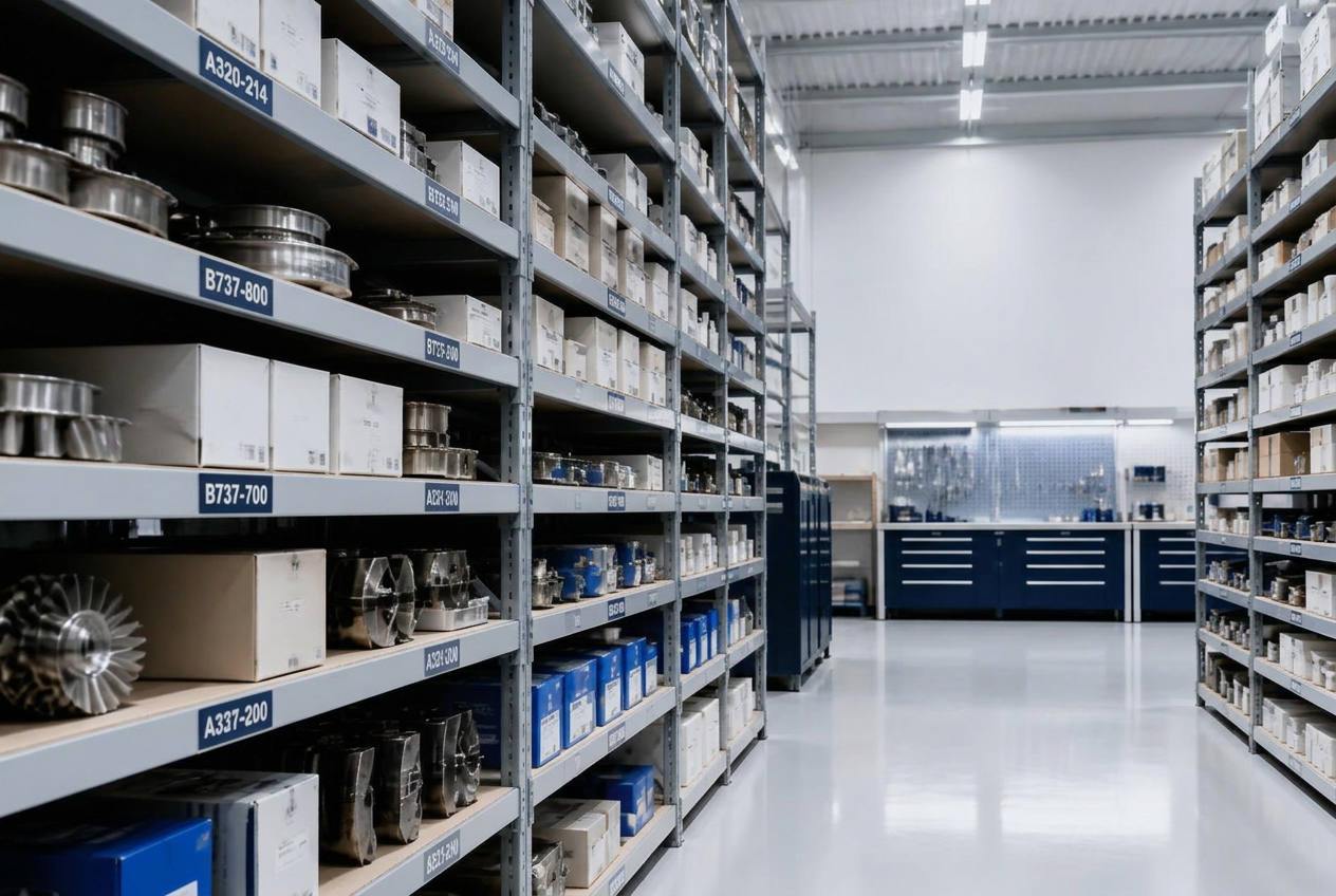 Aviation parts warehouse with labelled shelving of certified components